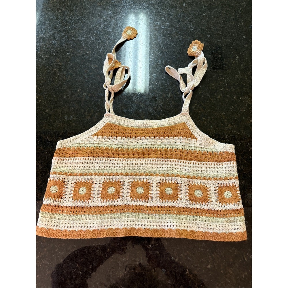 Krush Boho Crochet Daisy Tank Crop Top Festival Summer Tie Shoulder Sz S/M Hippi